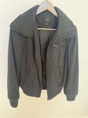 Express Men's Dark Charcoal Zip-Up Knit Collar Sweater Jacket